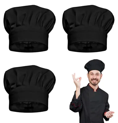 3 Kochmützen aus Polyester-Baumwolle, schwarz, verstellbar, Einheitsgröße