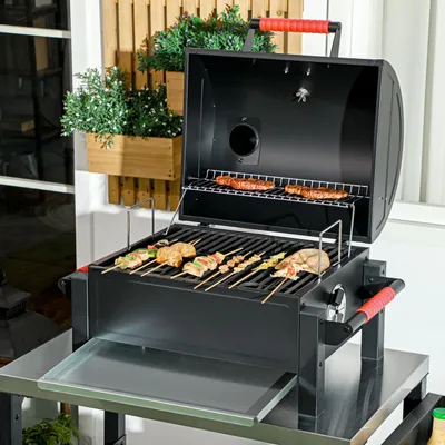 Produktbild von Holzhohlgrill, Tischgrill Mit Grillrost, Kohleschale, Campinggrill Mit Deckel, Griff, Thermometer, Tischholzgrill Für Picknick, Garten, Schwarz, 68,5 X 50 X 54 Cm