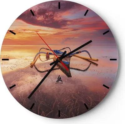 Produktbild von Wanduhr - Rund - Glasuhr - Łódź Westen Die Sonne - 30x30cm - Schleichendes Uhrwerk - Lautlos - zum Aufhängen bereit - Dekoration Modern - Wanddekoration aus Glas - C3AR30x30-4433
