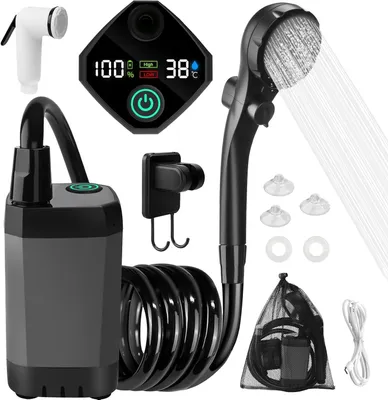 Obrázek produktu pro Kempingová sprchová souprava, přenosná sprcha s ukazatelem teploty a výkonu, dobíjecí baterie 6000 mAh, nastavitelná sprchová hlavice, pro venkovní použití, kempování, turistiku, domácí mazlíčky