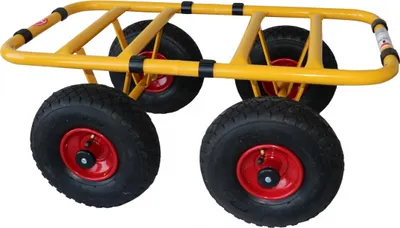A yellow heavy-duty trolley with four large pneumatic tires and red wheel hubs, shown against a white background.