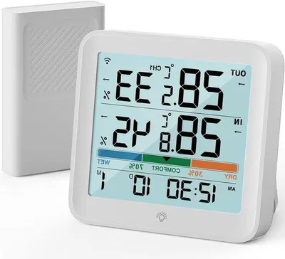 Immagine prodotto di Termometro e igrometro digitale con display LCD e retroilluminazione - Stazione meteorologica per interni ed esterni (bianco)