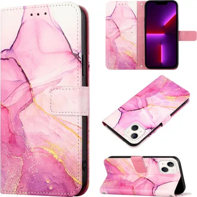 Produktbild von iPhone 13 Mini Hülle, Marmor Motiv Kunstleder Tasche Wallet Kartenfächer mit Standfunktion Klapp Schutzhülle für iPhone 13 Mini Rosa