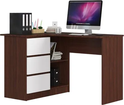 Produktbild von BDW, Eckschreibtisch rechts, 3 Schubladen, 4 Regale, Wenge/ Weiß linken