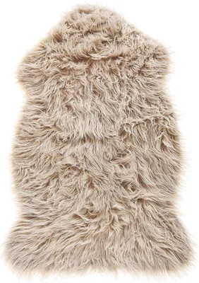 A single beige faux fur rug is shown against a white background.