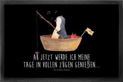 Produktbild von Mr. & Mrs. Panda Fußabstreifer Pinguin Angelboot 50 x 75 cm - Schwarz - Geschenk, Scheidung, Boot, fußmatte, Fussmatte, Sauberlaufmatte, bodenmatte, Genießen, Leben