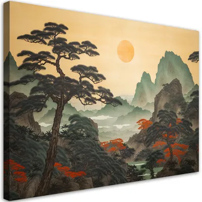 Produktbild von Leinwandbild für Wohnzimmer Japanische Landschaft 100x70 Feeby Gelb bild für die wand bereit zum aufhängen
