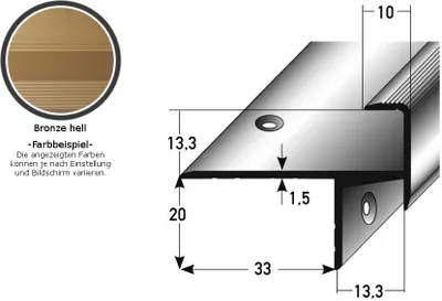 Produktbild von Laminat-Parkett-Treppenkante / Winkelprofil "Cardale", Einfasshöhe 13,3 mm, 33 mm breit, Aluminium eloxiert, gebohrt-bronze hell-1000