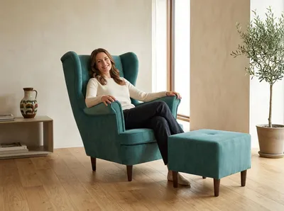 Produktbild von Ohrensessel mit Hocker DIANA Monolit – skandinavisches Set, Velours Türkis, Family Meble, KI-generiertes Bild