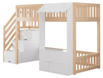 Zdjęcie produktu dla Łóżko piętrowe z drewna - łóżko piętrowe z miejscem do przechowywania - 90 x 200 cm - szafka z miejscem do przechowywania - schody - barierka ochronna - białe i drewniane