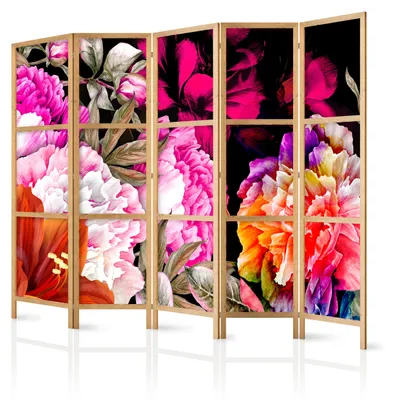 Immagine prodotto di Pannello divisorio giapponese, 5 ante, pieghevole, realizzato in tessuto non tessuto di alta qualità, con motivo di fiori colorati, ideale per il soggiorno, dimensioni 225 cm x 172 cm