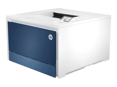 A white and blue HP Color LaserJet Pro 4202dw printer is shown from a three-quarter angle against a white background.