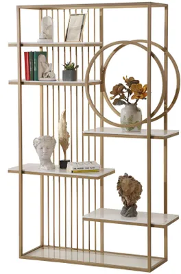 Produktbild von Elegantes Bücherregal mit goldfarbenem Metallrahmen und Marmorregalen