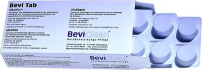 A box of Bevi Tab cleaning and disinfecting tablets for beverage dispenser systems, with a blister pack of tablets visible.