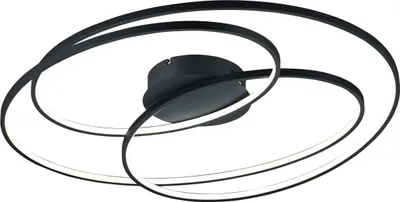 A modern black ceiling light with three intertwined rings, illuminated by white LED lights.