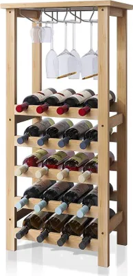 Immagine prodotto di Portabottiglie in bambù - Espositore da 20 bottiglie - Ripiano - Scaffale in vetro - A pavimento - Soggiorno - Cucina - Bar - Naturale