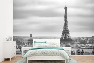 Produktbild von MuchoWow® Fototapete für Wohnzimmer oder Schlafzimmer Wandtapete Vinyl Motivtapete Luftaufnahme des Eiffelturms in Paris - schwarz und weiß - 330x220 cm - Fototapeten