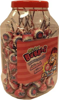 Produktbild von Mister Bubble Knotsen met Bubble Gum Vulling Aardbei 100 Stck pro Dose (Erdbeerlutscher mit Kaugummi Füllung)