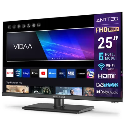 A product shot of a smart TV with its interface displayed.