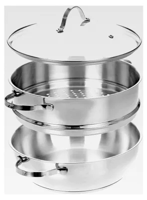 Produktbild von Kochtopf mit Dampfeinsatz und Glasdeckel, 28 cm, für das Dünsten von Gemüse und Kartoffeln, spülmaschinen- und induktionsgeeignet
