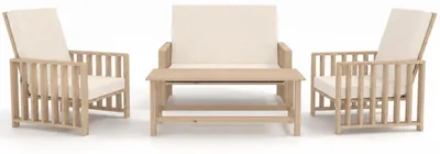 Zdjęcie produktu dla Zestaw ogrodowy Solena z drewna sosnowego z beżowymi poduszkami: 2 fotele, sofa i stolik z drewna sosnowego na taras, balkon i do ogrodu – meble wypoczynkowe, odporne na warunki atmosferyczne, w nowoczesnym stylu
