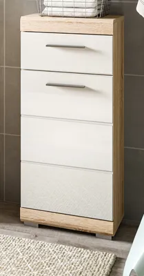 Produktbild von Badezimmer Kommode "Mambo" in weiß Hochglanz und Sonoma Eiche Badschrank 37 x 88 cm
