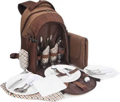 Produktbild von BRUBAKER Piknikový batoh pro 4 osoby hnědý 28,5 × 19 × 42,5 cm - s chladicí přihrádkou a nepromokavou piknikovou dekou
