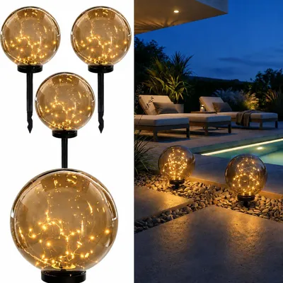 Obrázok produktu pre Sada 4 solárnych záhradných svietidiel LUMILED, LED guľa, dymovošedá, 30 cm. Solárna lampa, lampa na chodník, model GLORIS, IP44. Solárne gule vhodné do záhrady a vonkajšieho prostredia. Svietidlo v tvare gule, 3000K, teplá biela, dymovošedá, s kovovým podstavcom na zapichnutie do zeme. Vonkajšie svietidlo, lampa na chodník