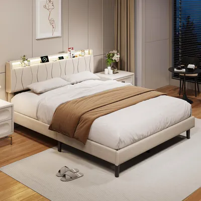 Produktbild von ProximaX Doppelbett 140x200 cm beige mit Leinenbezug, LED, USB-C und Lattenrost