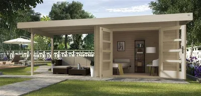 Produktbild von Gartenhaus weka Designhaus 126 B Gr.1 mit Fußboden und seitlicher Überdachung 645 x 315 cm natur