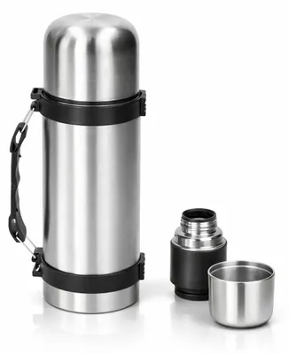 Productafbeelding van Thermosfles 450 ml RVS – Dubbelwandig – Inclusief Beker – Lekvrij – Voor Koffie & Thee – Zilver/Zwart