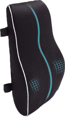A black lumbar support cushion with blue accents and grid patterns, shown against a white background.