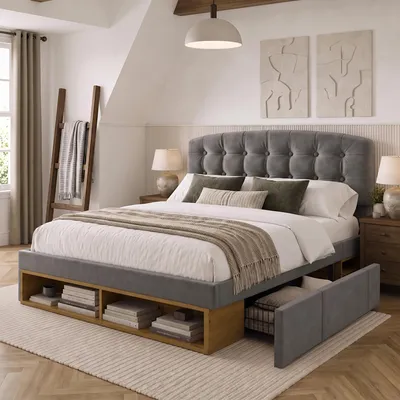 Obrázok produktu pre Čalúnená posteľ Flieks 140 x 190 cm so zásuvkami, posteľ s úložným priestorom, dvojposteľ s úložnými priestormi, detská posteľ s nastaviteľným čelom, zamat, sivá