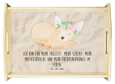 Produktbild von Mr. & Mrs. Panda tablett holz Wüstenfuchs Blumen - Sandig - Geschenk, Afrika, Wüste, serviertablett, zum servieren, Blumenkranz, Deko, Sofa, Glücklich