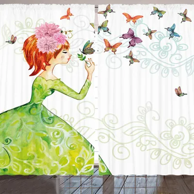 Produktbild von ARANDE Schmetterling Gardine, Blumendame im grünen Kleid mit Blattverzierungen Blumen-Pastellschmetterling, 280 x 260 cm, Orange Grün Rosa