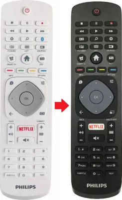 Two Philips TV remote controls, one white and one black, are shown side-by-side with a red arrow indicating a change or comparison.