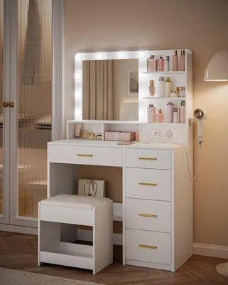 Image de Table de coiffure avec grand miroir et 10 boules de lumière LED - blanche - comprenant un tabouret et un support pour sèche-cheveux