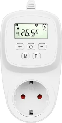 A white smart plug thermostat with a digital display and an electrical socket.