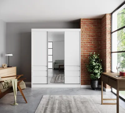 Obrázek produktu pro Skříň se zrcadlem a šuplíky 180 cm HARA - bílá