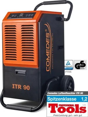 A dehumidifier is shown in a studio setting with marketing text and certifications.