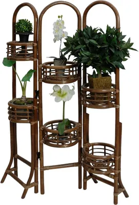 Produktbild von KRINES HOME Paravent mit 6 Pflanzgefäßen / Klappbarer Raumabtrenner für Blumen aus echtem Rattan Farbe Braun