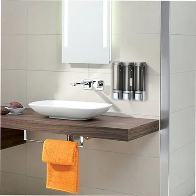 Imagen del producto de Dispensador de jabón manual de montaje en pared – Caja de champú con tres compartimentos, dispensador de jabón líquido para ducha, baño y aseo, 200 ml x 3