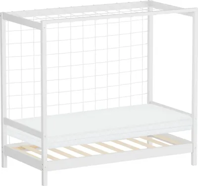 Produktbild von ML-Design Kinderbett Fußballtor 80x160 cm Einzelbett mit Matratze H:10cm Weiß Holzbett mit Lattenrost & Netz Jugendbett aus Kiefernholz Handballtor