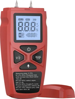 Produktbild von Holzfeuchtemessgeraet Thermometer fuer Hartholz Weichholz Papier Bambus Kraeuter LCD-Display Hohe Praezision und schnelle Reaktion Datenspeicherung Anzeige fuer niedrigen Batteriestand 4 Messbereiche, Rot