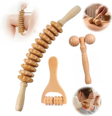 Produktbild von 3 Massagerollen aus Holz, Faszienrolle mit 12 Rädern, Massagerolle für die Beine mit Griff, Massagestäbe, Gua Sha-Massagegerät