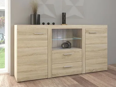 A wooden sideboard with open shelves and drawers.