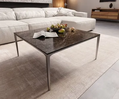 Produktbild von DELIFE Couchtisch Levente 85x85 cm Keramik Emperador Extra Lucidato Dunkelbraun Gestell Edelstahl Silber