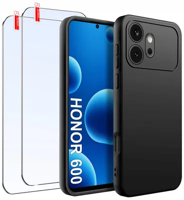 Produktbild von Hülle für Honor 600, mattschwarz, Slim-Silikon, 2 Stück, 9H-Glas