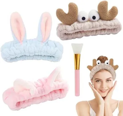 Produktbild von 3 Stück Haarbänder für Make-up mit Maskenpinsel, kosmetische elastische Stirnbänder aus Korallenfleece zum Waschen, für Gesichtspflege, Spa, Yoga, Sport und Beauty, Beige, Blau und Rosa