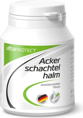 A white bottle of ultraSPORTS ultraPROTECT Ackerschachtelhalm Kapseln.
